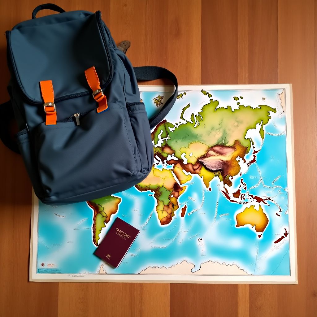 Una mochila junto a un mapa del mundo y un pasaporte.