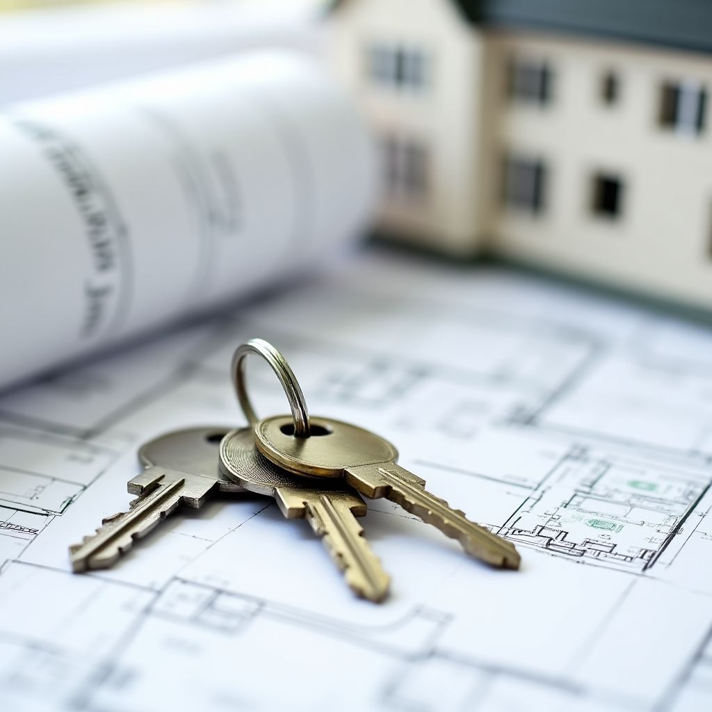Llaves de una casa sobre los planos de construcción.