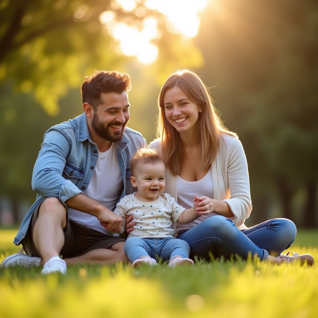 Una familia joven sonriendo y jugando en un parque.