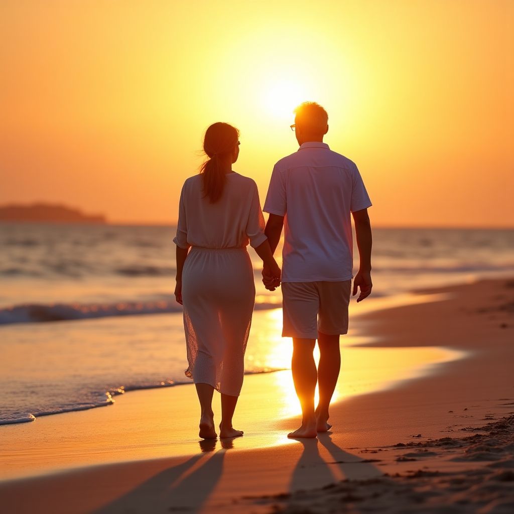 Una pareja de jubilados disfrutando de una caminata en la playa.