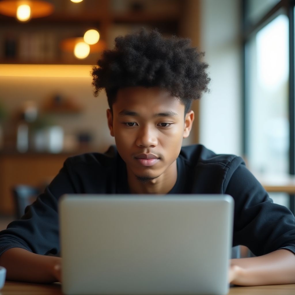 Un joven estudiante trabajando en su computadora portátil en una cafetería.